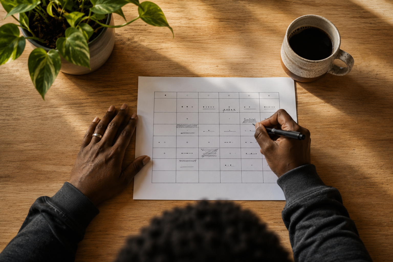 A person mapping a single week across a simple grid at a wooden table
