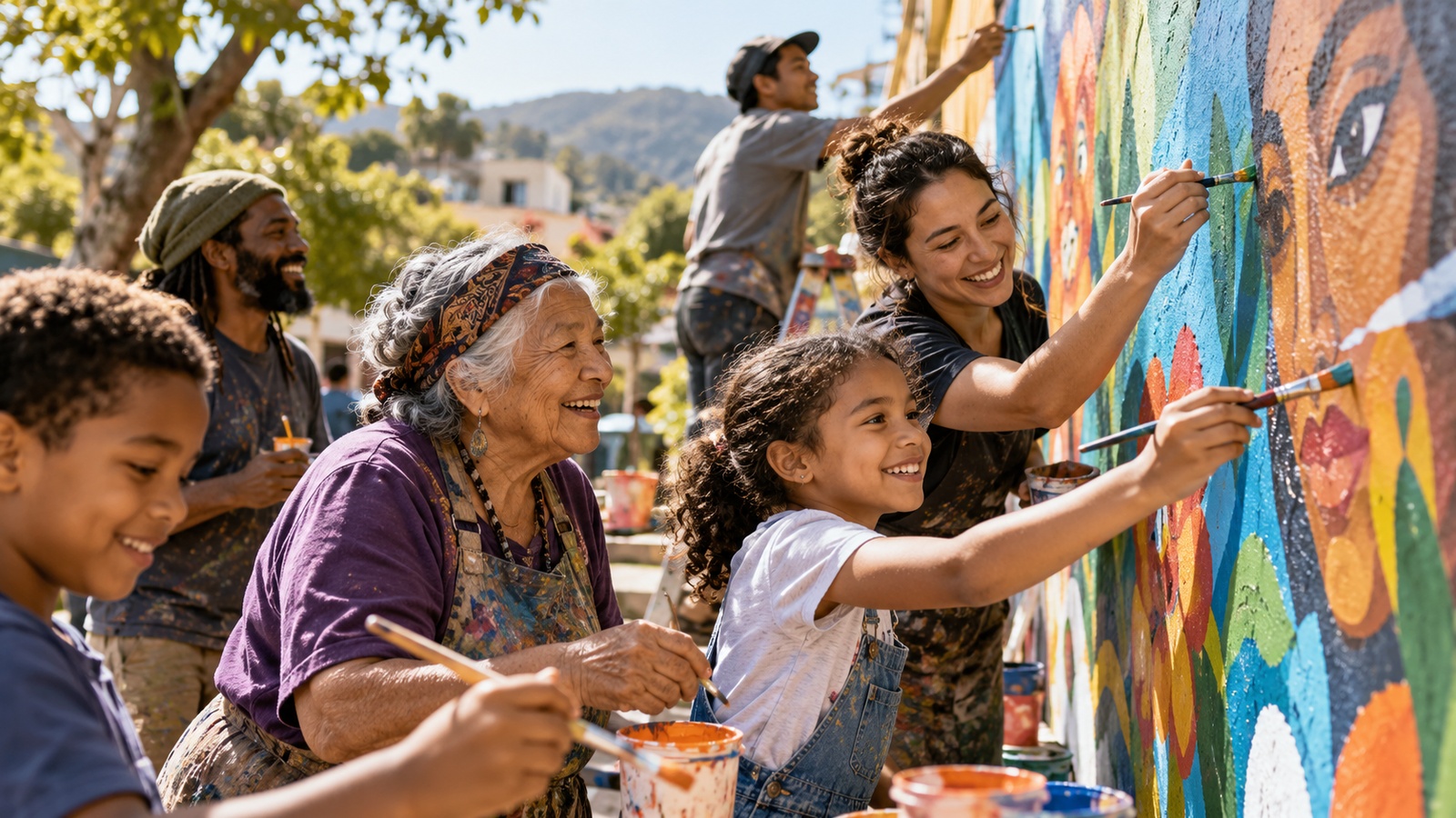 Illustration: people of several generations painting a colorful community mural outdoors