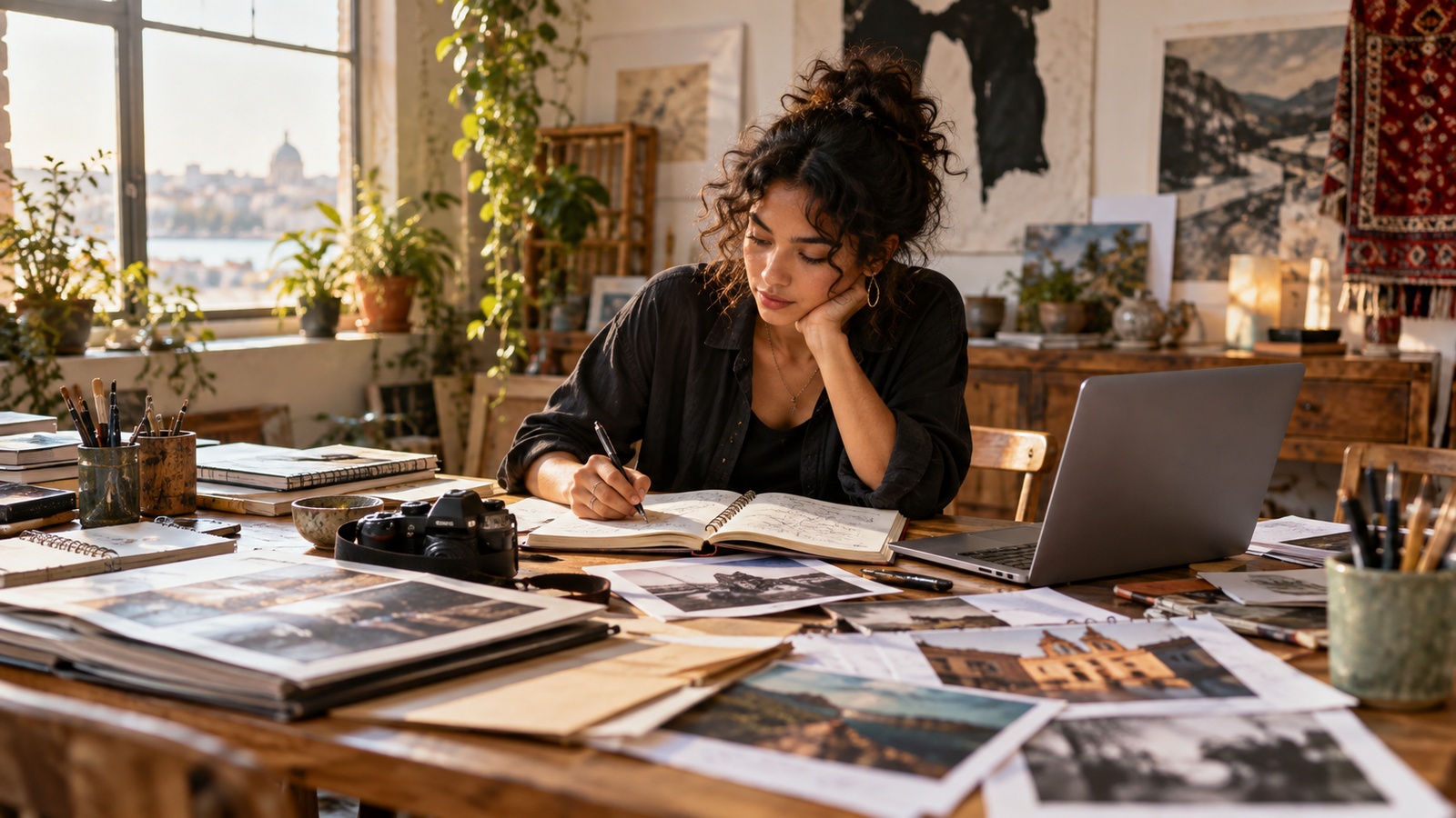 Illustration: a young woman working through papers and photographs beside a laptop