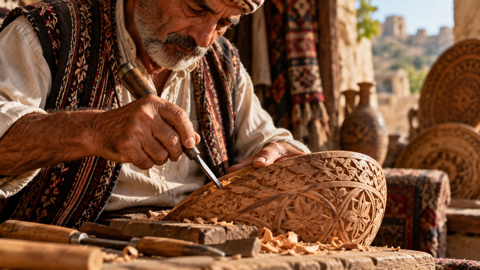 Illustration: an older craftsman carving an intricate pattern into a wooden vessel