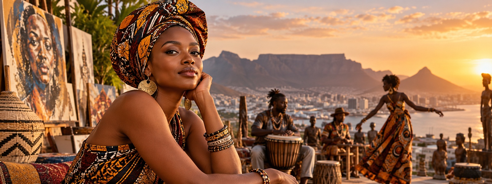 Illustration: a woman in a patterned headwrap with musicians and dancers behind her at sunset