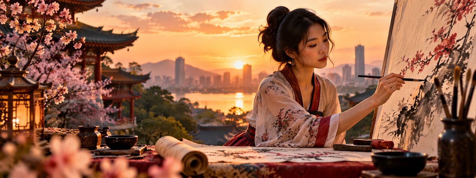 Illustration: a woman painting on a terrace with blossoms and a city skyline behind her