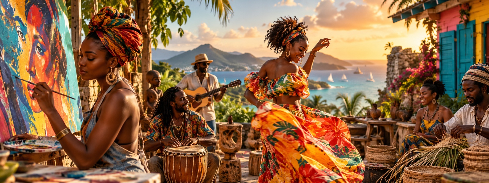 Illustration: dancers in bright costumes performing outdoors by the sea, with drummers and a painter