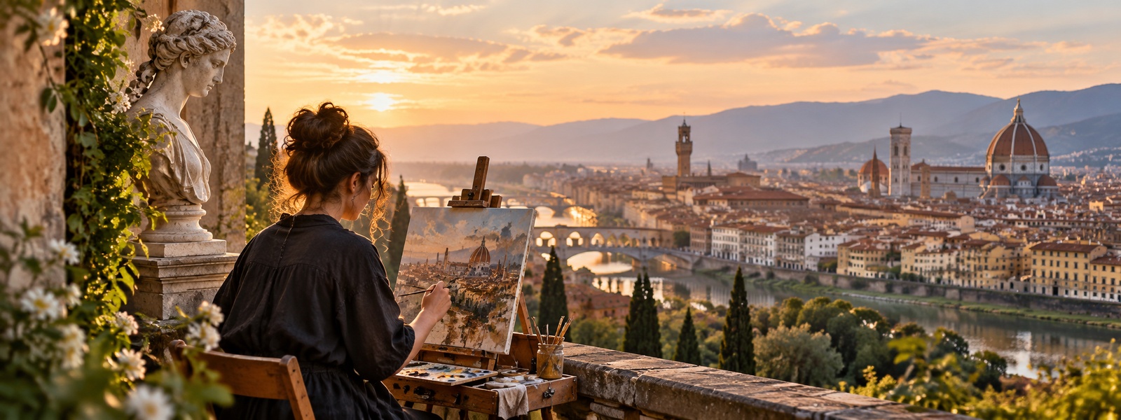 Illustration: an artist painting on a terrace above a historic European city at sunset