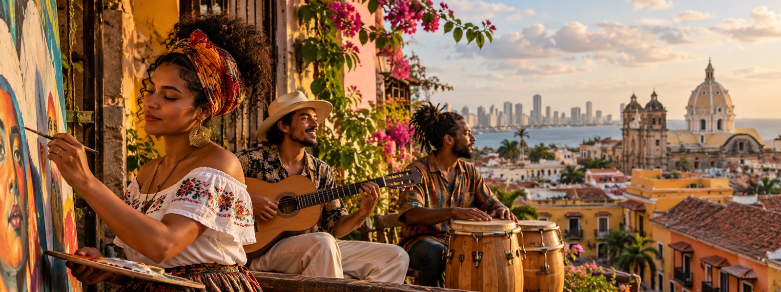Illustration: musicians and a painter on a sunlit balcony above a colonial city