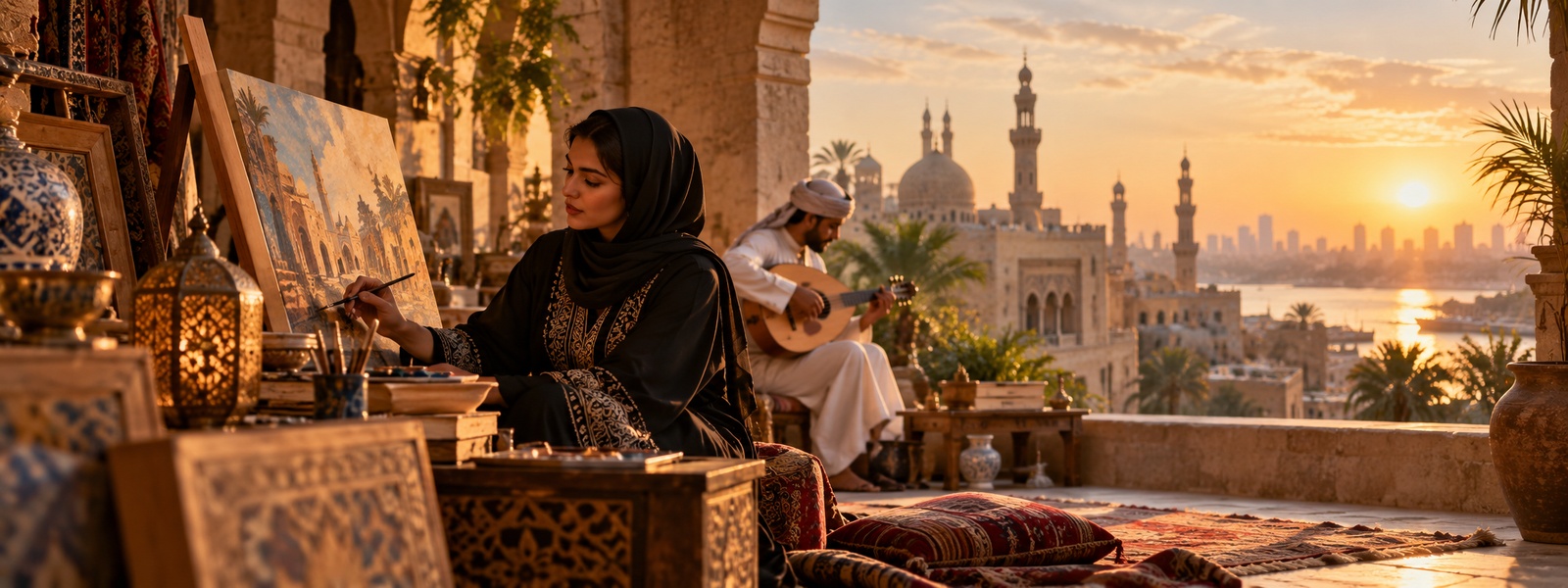 Illustration: artists working in a tiled studio overlooking a city of domes and minarets
