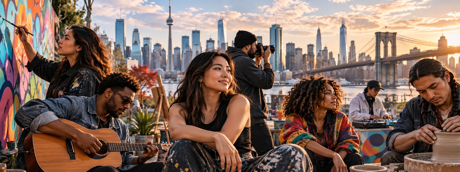 Illustration: young musicians and artists gathered with a city skyline behind them