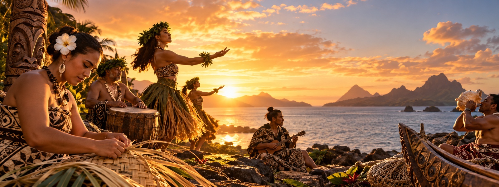 Illustration: dancers and musicians gathered on a shoreline at sunset