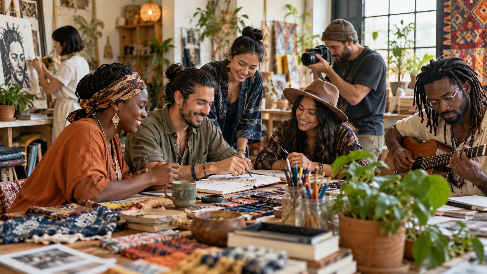 DMM Global Arts illustration of a diverse group of young creatives working together in a studio