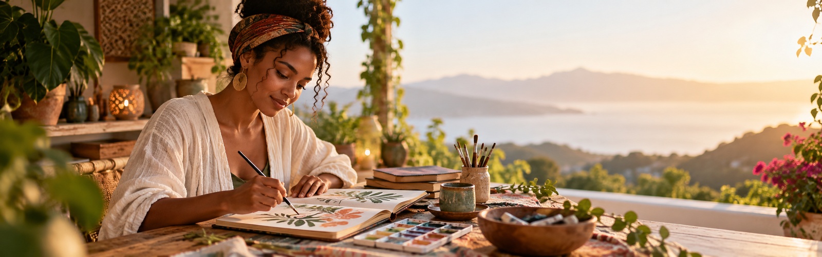 Illustration: a woman sketching in a bright room overlooking the sea