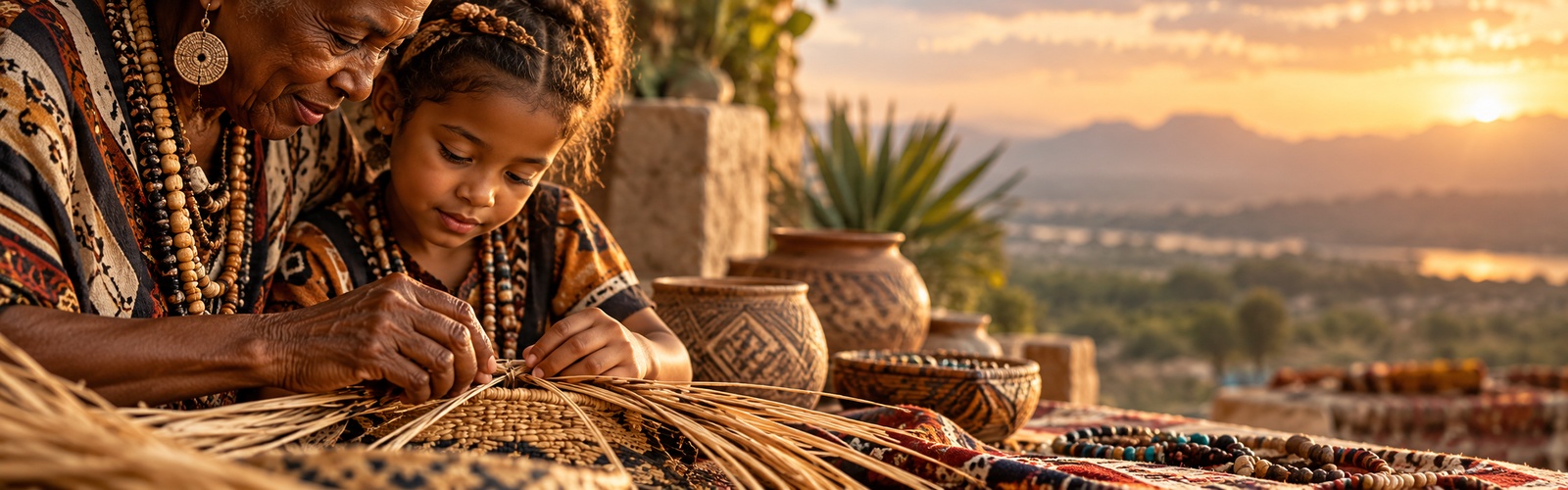 Illustration: an elder and a child weaving together at sunset