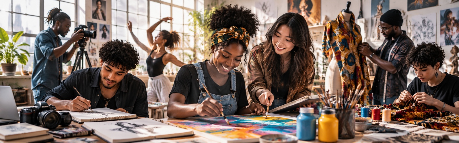Illustration: students drawing and painting together in a workshop