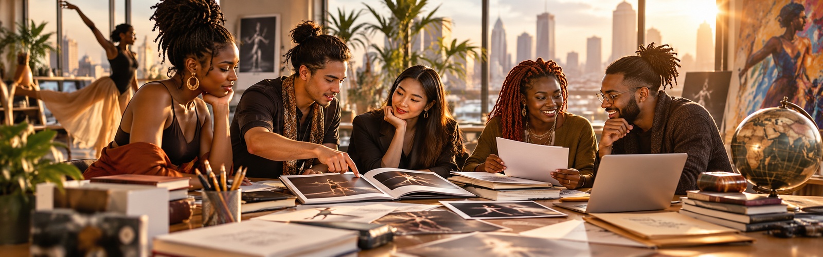 Illustration: young creatives working together at laptops and sketchbooks