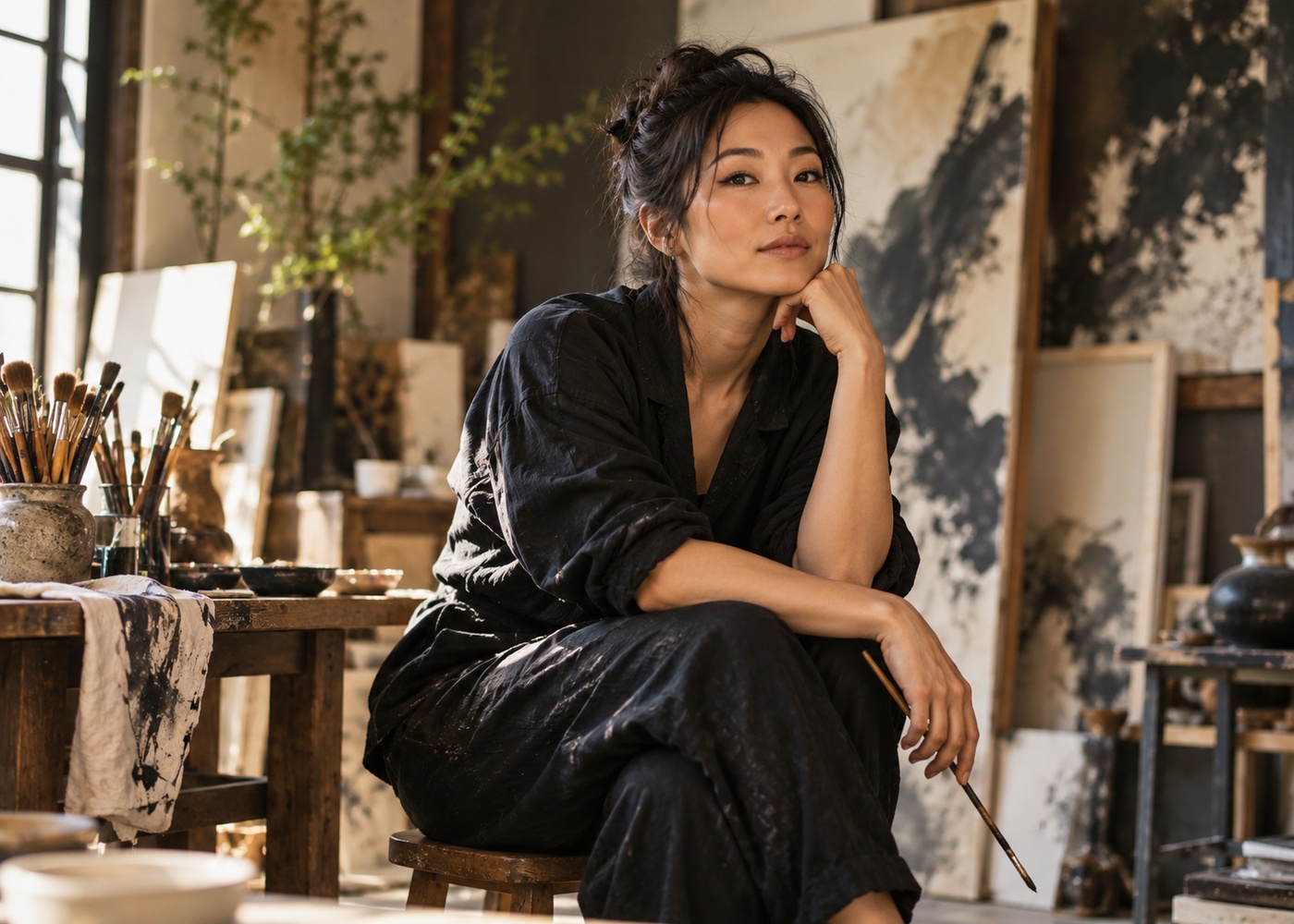 DMM Global Arts illustration of an East Asian painter in a studio — not Duan Jianyu