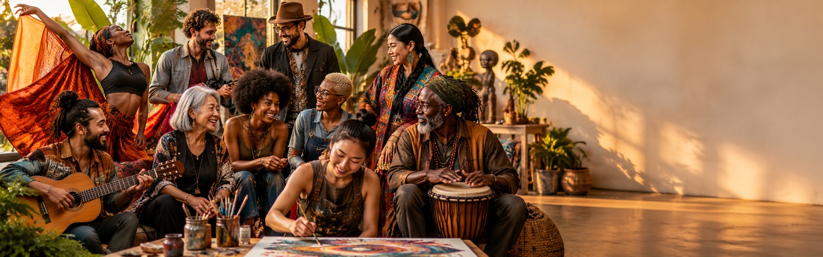 Illustration: a large group of artists and musicians gathered in a studio