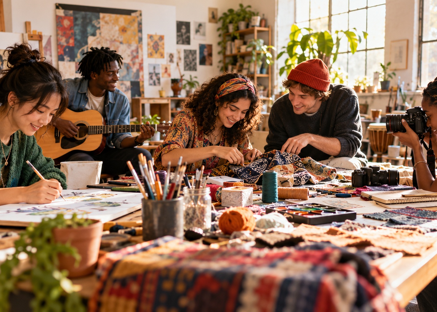 Illustration: young artists drawing, painting and playing guitar around a shared studio table