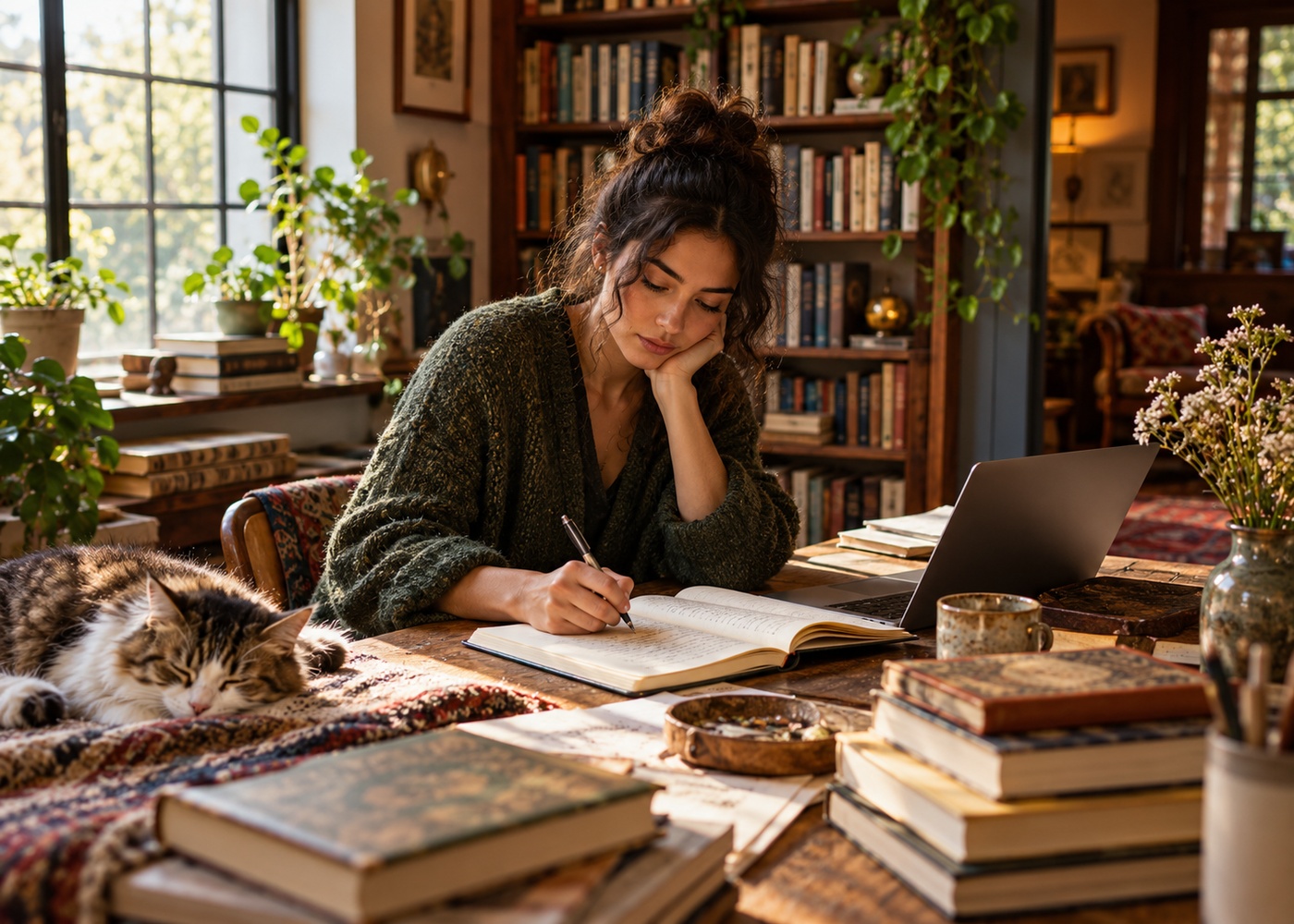 DMM Global Arts illustration of a young woman reading and writing among bookshelves
