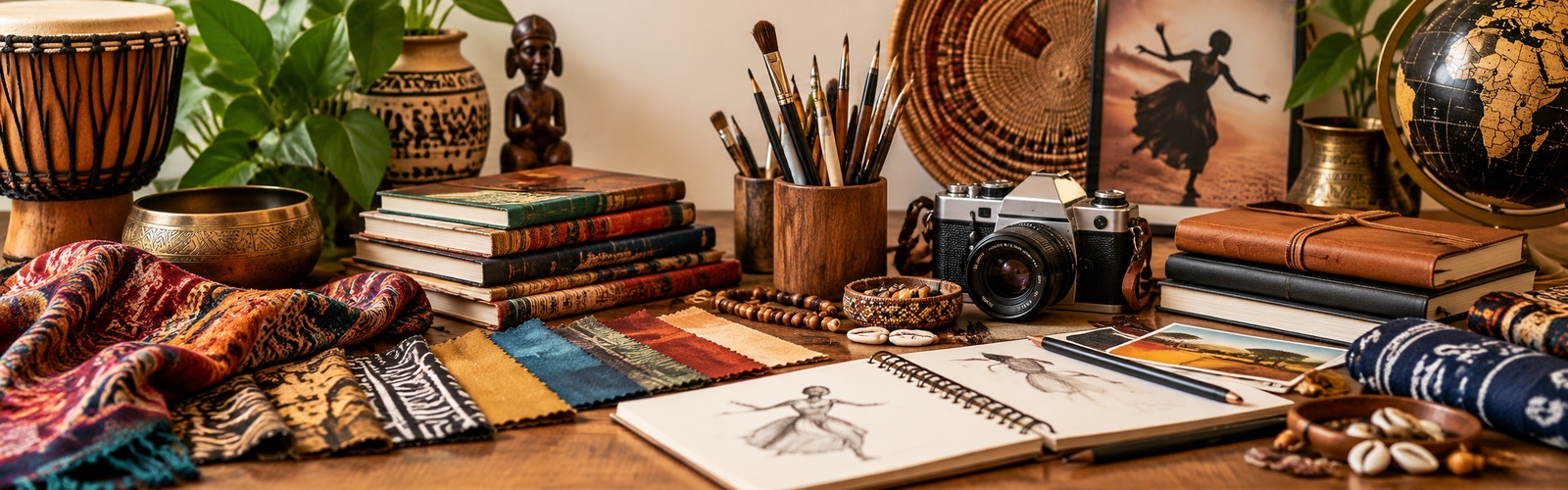 Illustration: a table of creative tools — sketchbooks, cameras, drums and brushes
