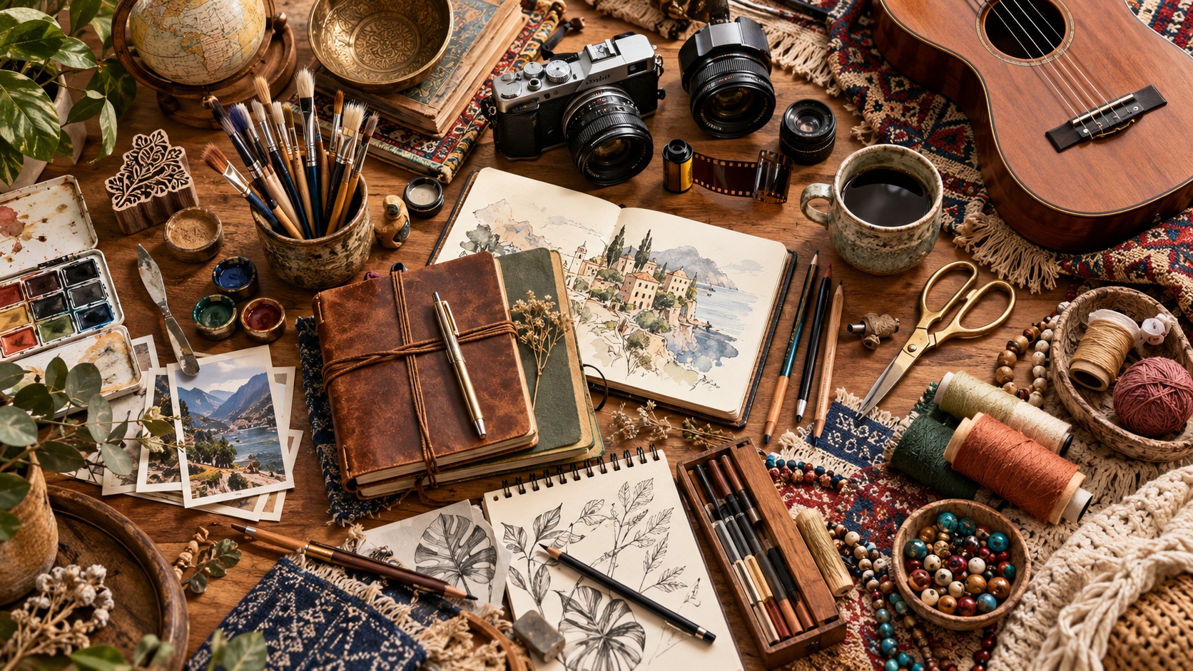 DMM Global Arts illustration of brushes, paints, sketchbooks and craft materials on a worktable