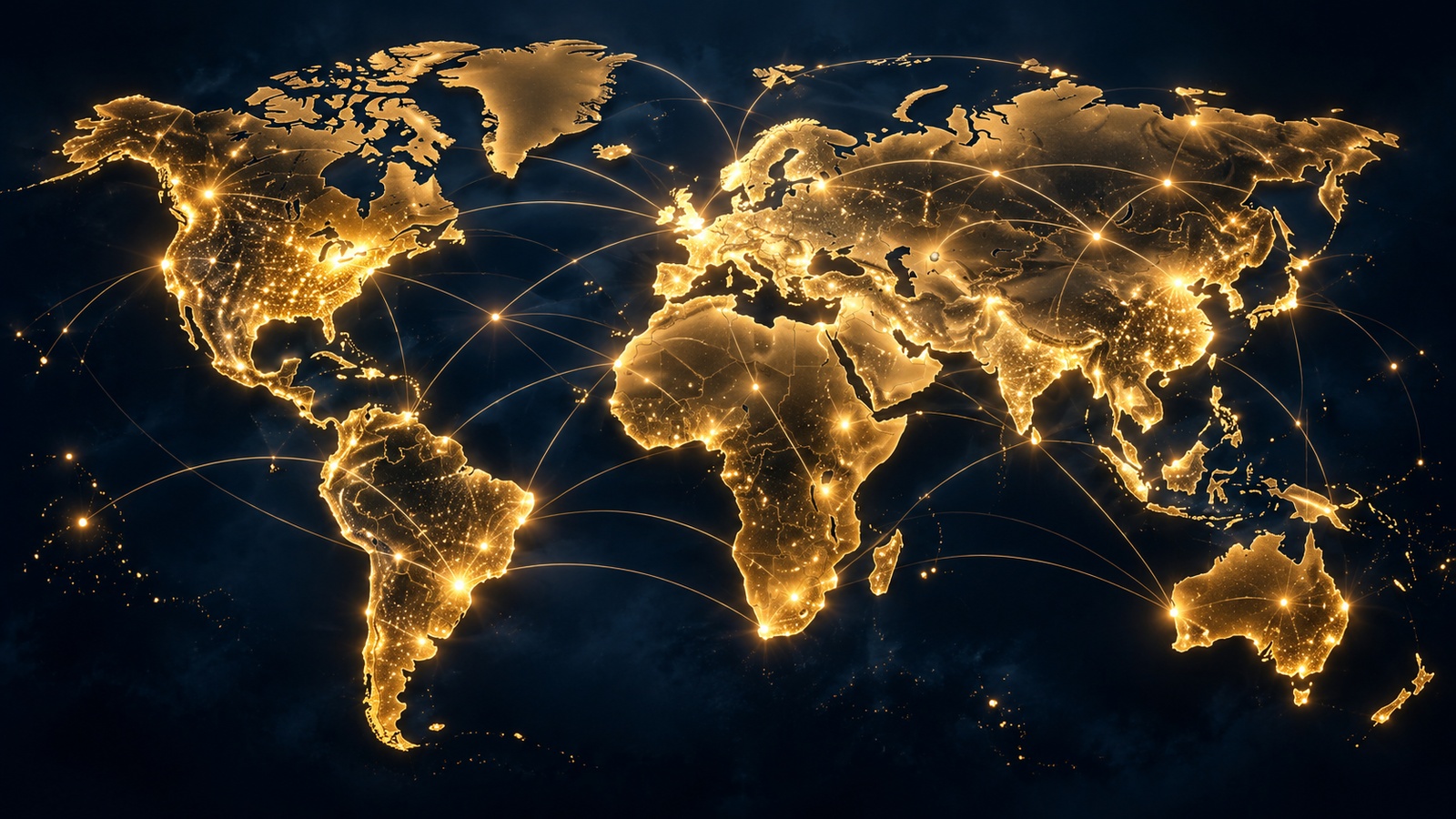 Glowing world map at night with lines of light connecting the continents