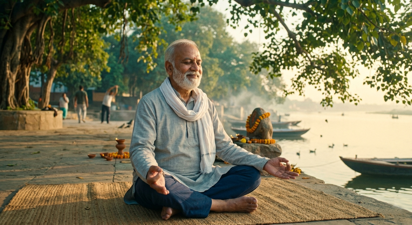 Indian meditation and sound healing practice showing vocal vibration techniques