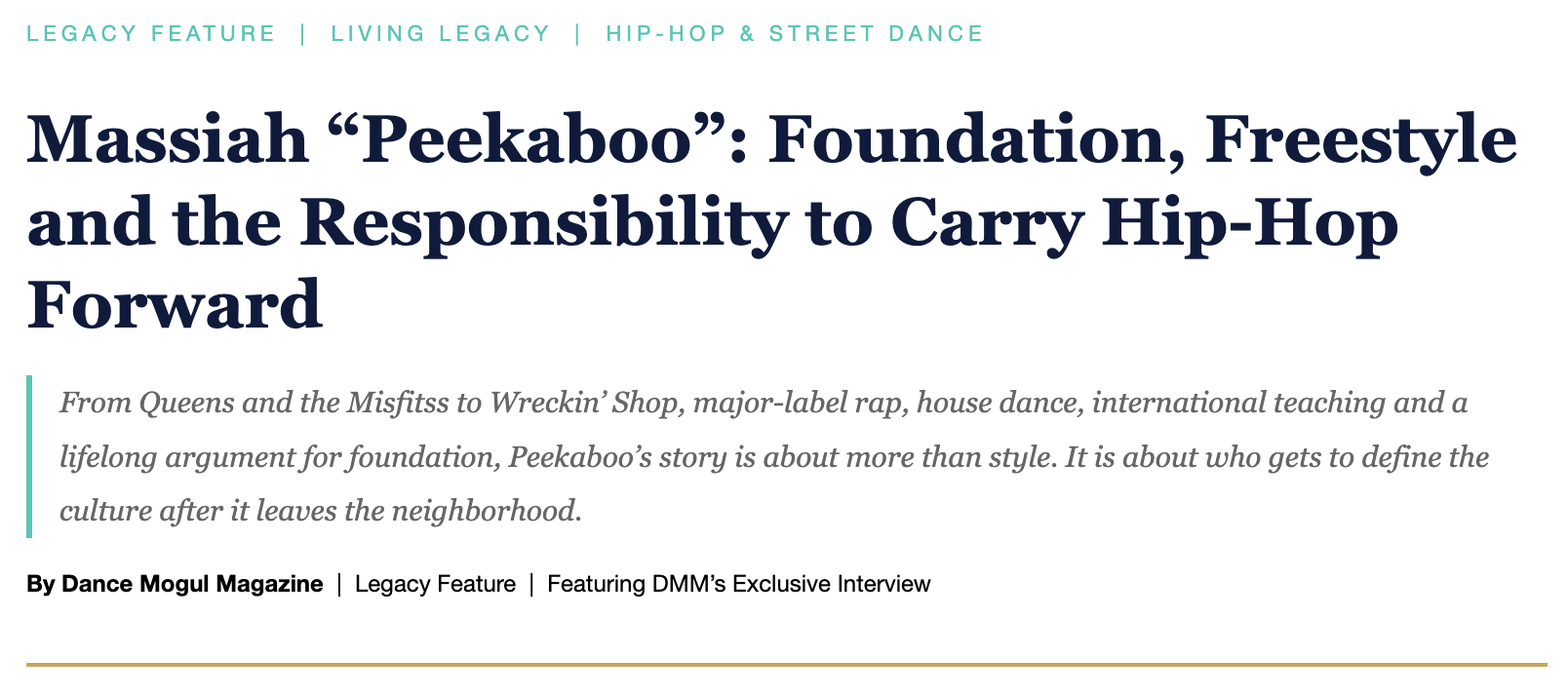 DANCE MOGUL MAGAZINE — MASSIAH “PEEKABOO” — LEGACY FEATURE