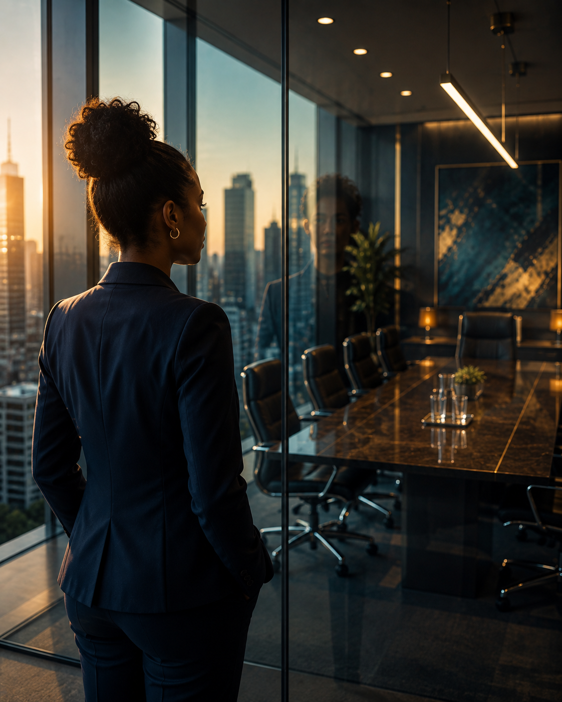 Young professional standing before a glass executive office looking toward her future