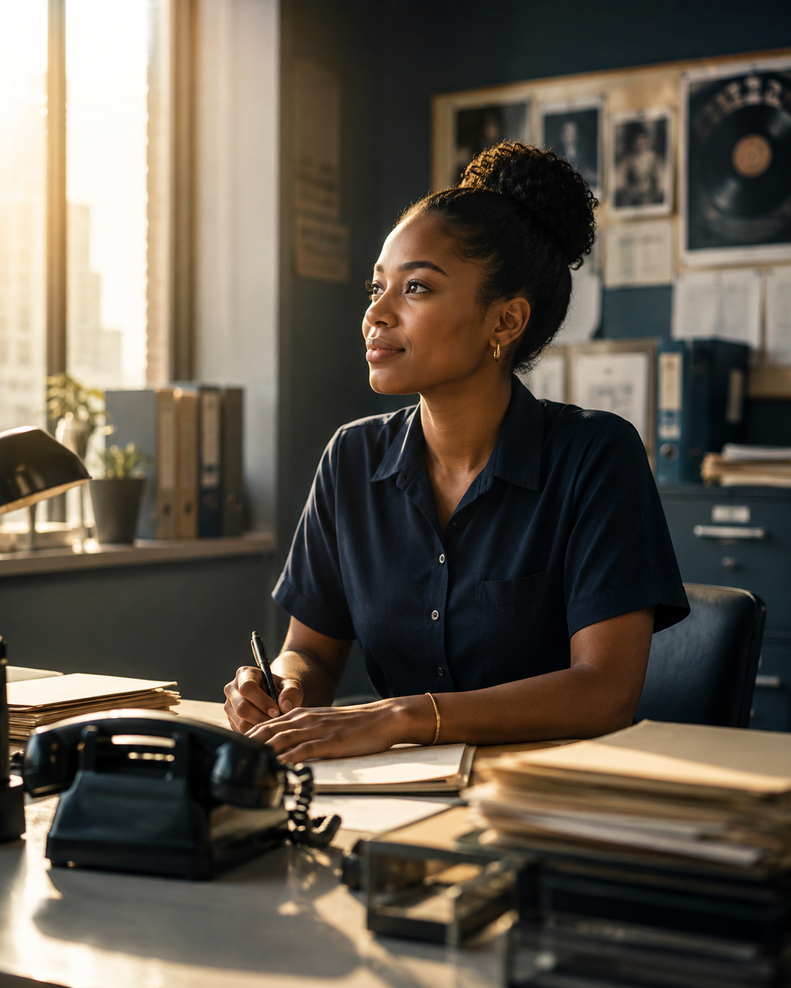 Young woman at her first office desk representing the start of a career journey