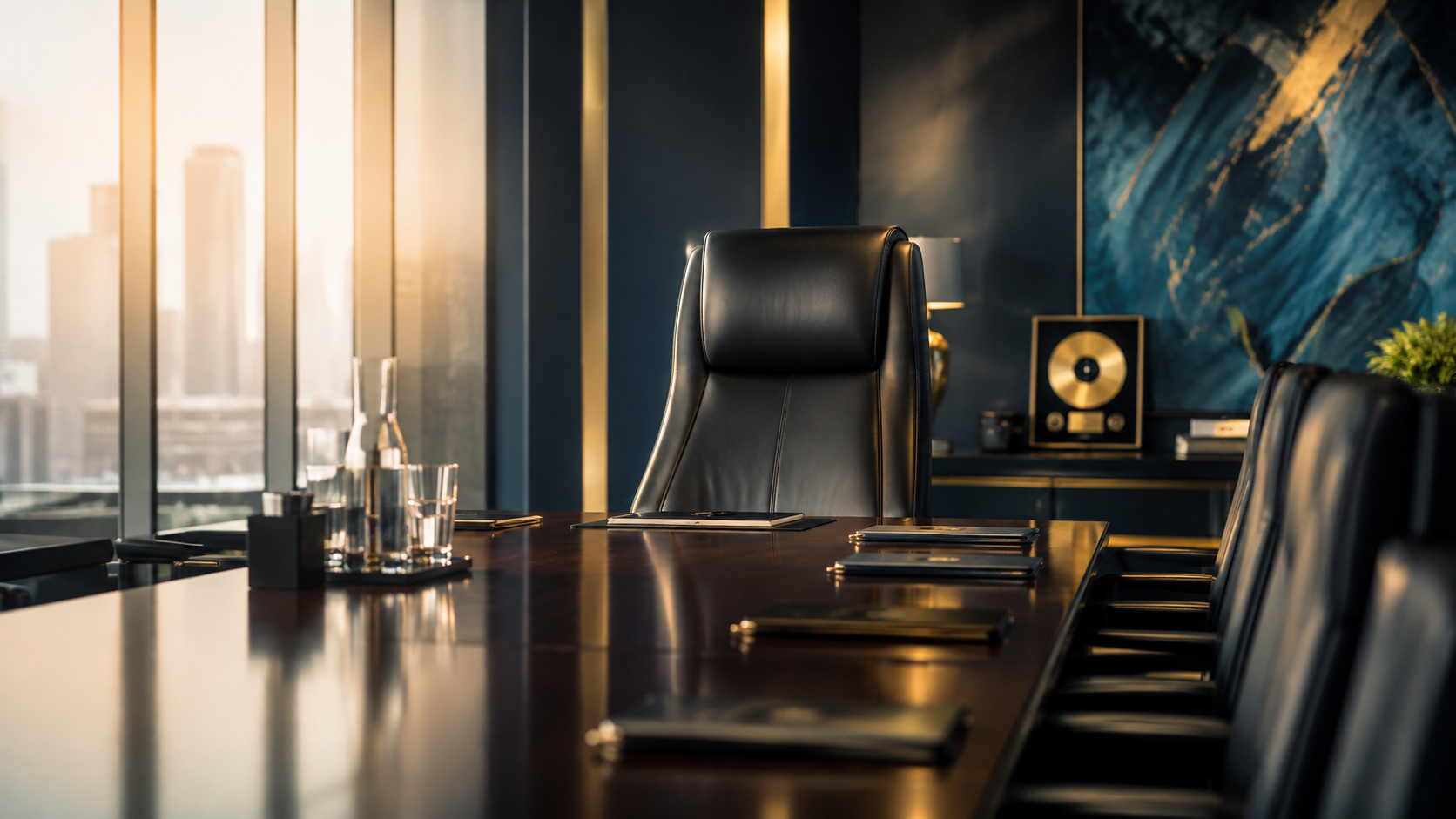 Empty executive chair at head of a boardroom table symbolizing leadership opportunity