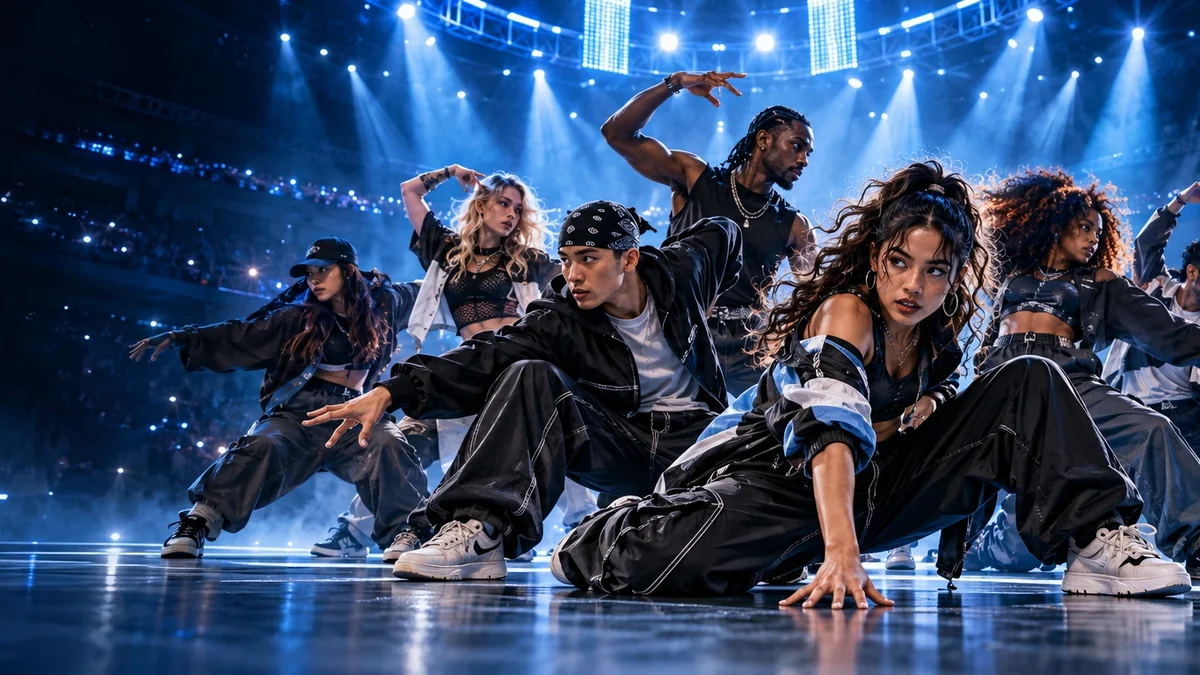 Artistic illustration: fictional street dance crew on a blue-lit arena stage, for the 2026–2027 season archive