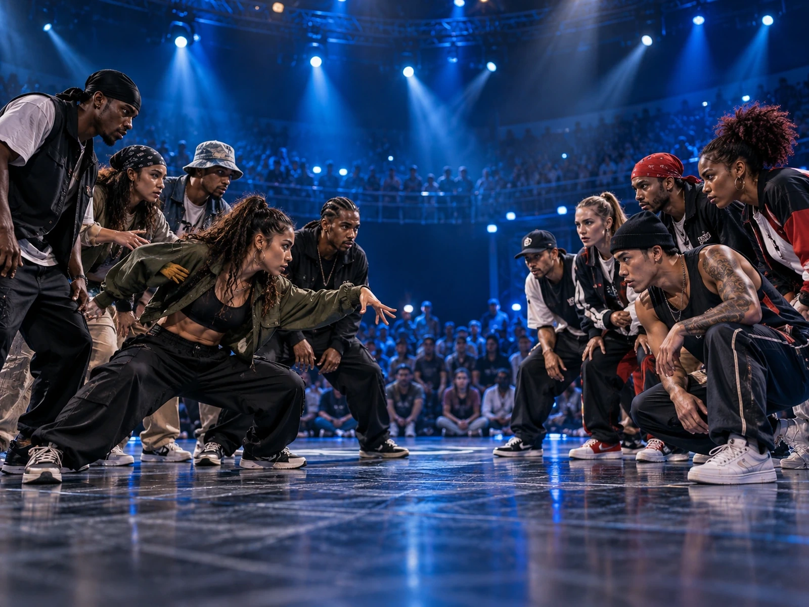 Artistic illustration: two fictional crews facing off at center stage in a dance battle