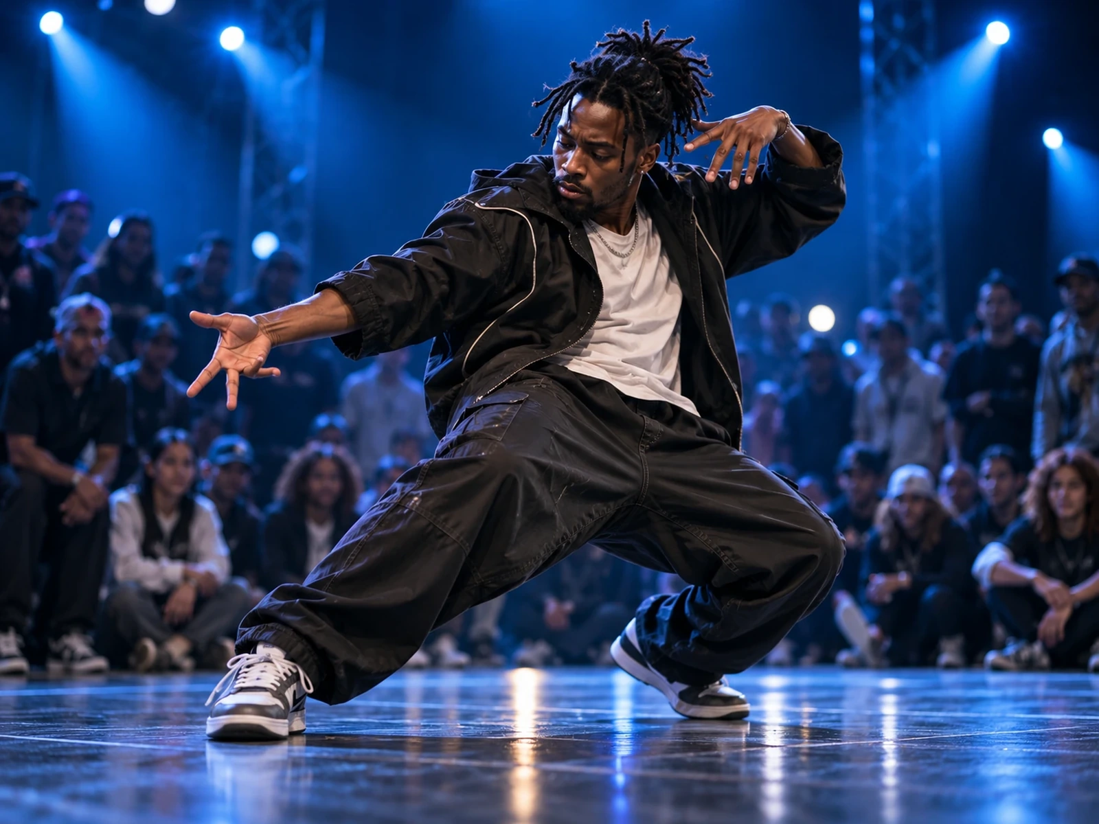 Artistic illustration: a fictional adult freestyle dancer in a wide, low stance before a crowd