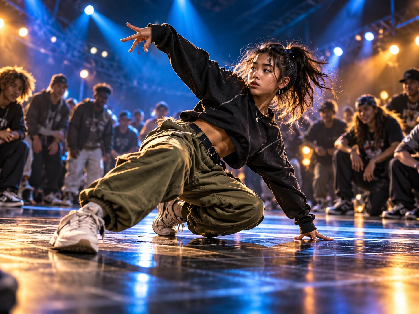 Artistic illustration: a fictional teenage dancer freestyling inside a circle of seated spectators