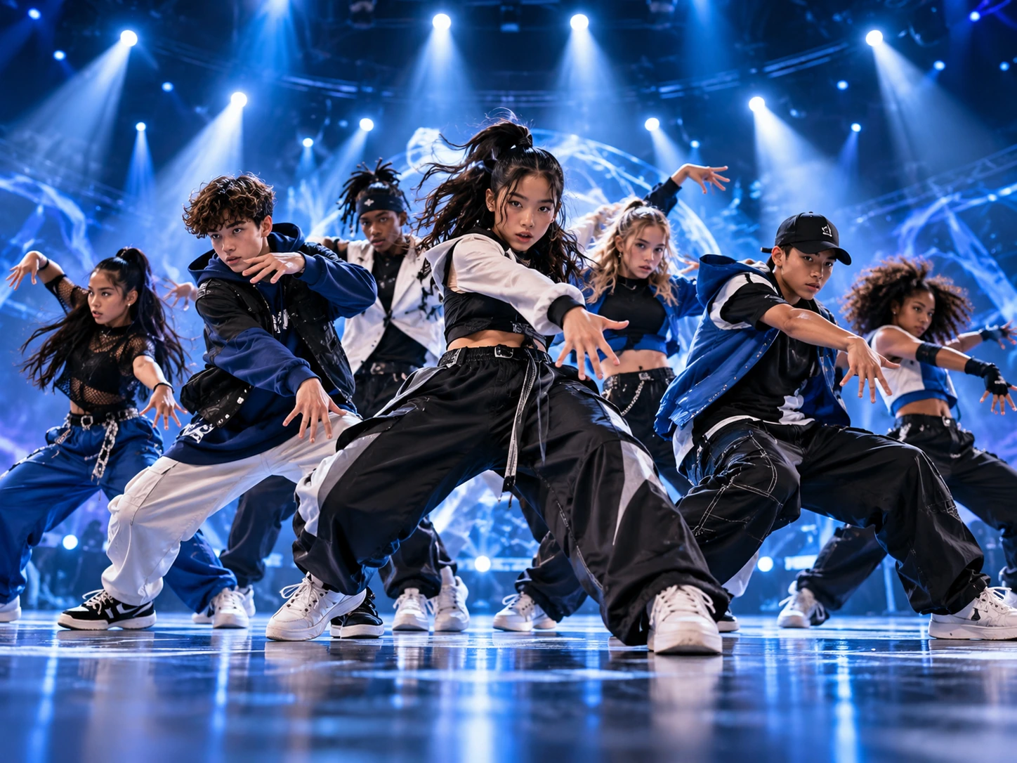 Artistic illustration: fictional teenage junior dancers in a synchronized formation on a blue-lit stage