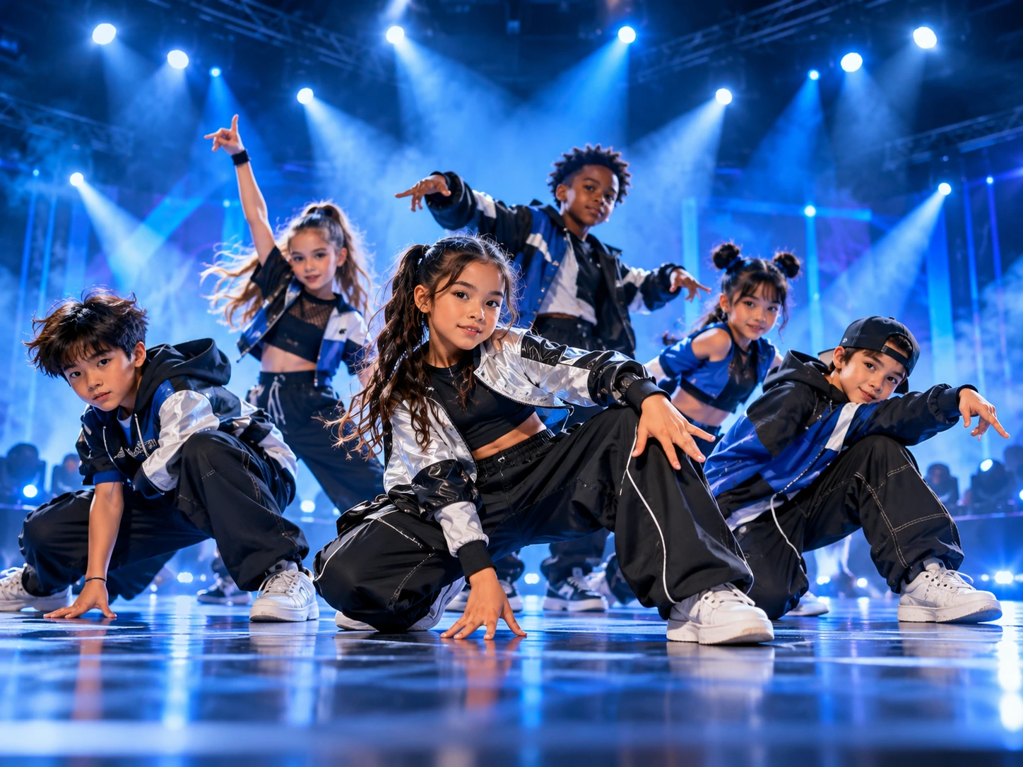 Artistic illustration: fictional young pre-junior dancers striking a group pose on a blue-lit stage