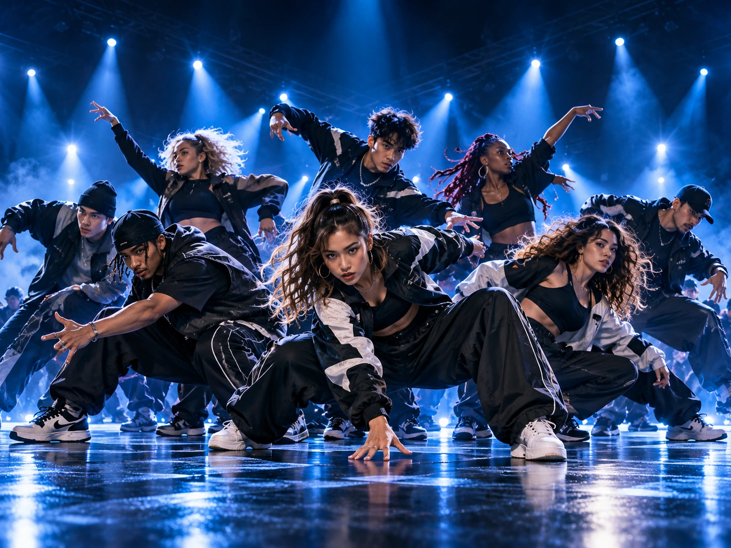 Artistic illustration: fictional adult dance team in a low synchronized formation on a blue-lit stage