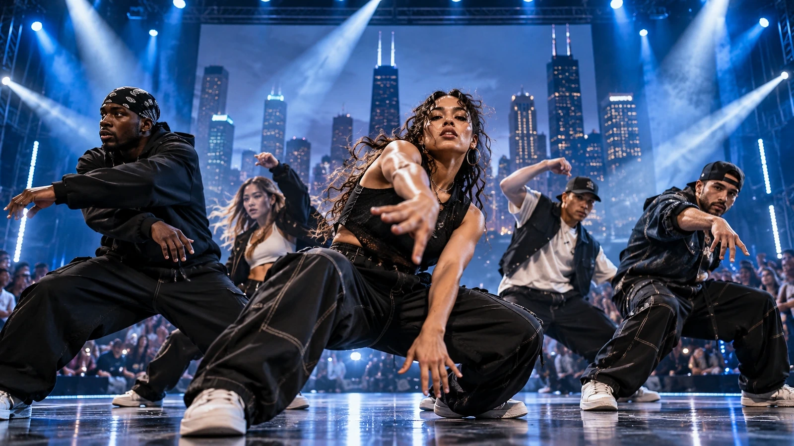 Artistic illustration: fictional dancers in front of a night city skyline, representing the Chicago qualifier listing