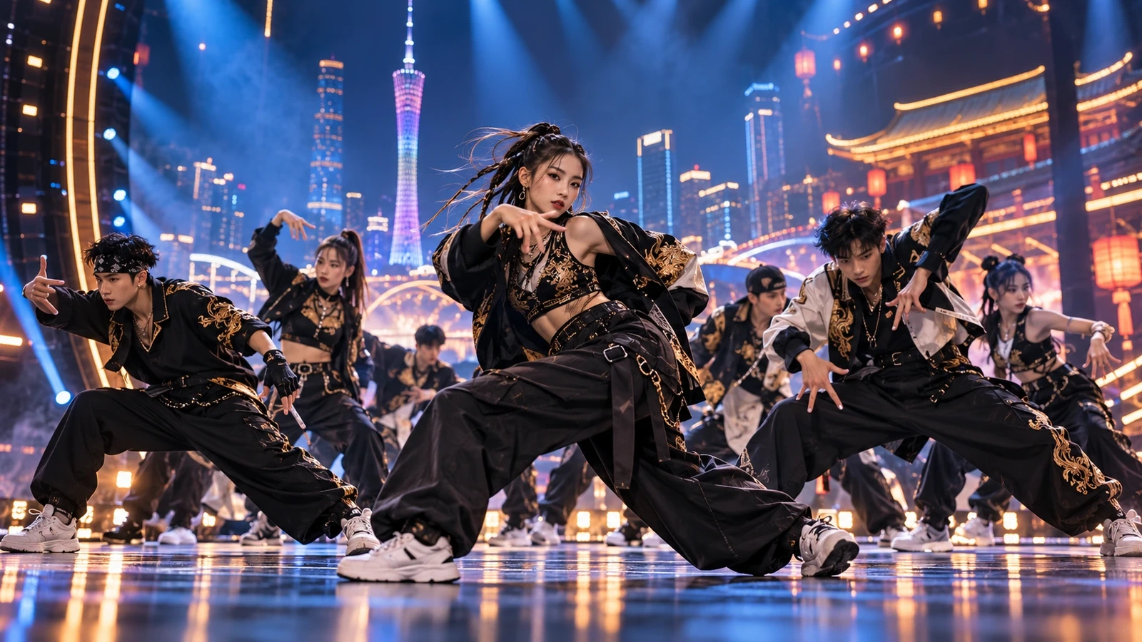Artistic illustration: fictional dancers in black-and-gold streetwear before a night city skyline, representing the Guangzhou qualifier listing