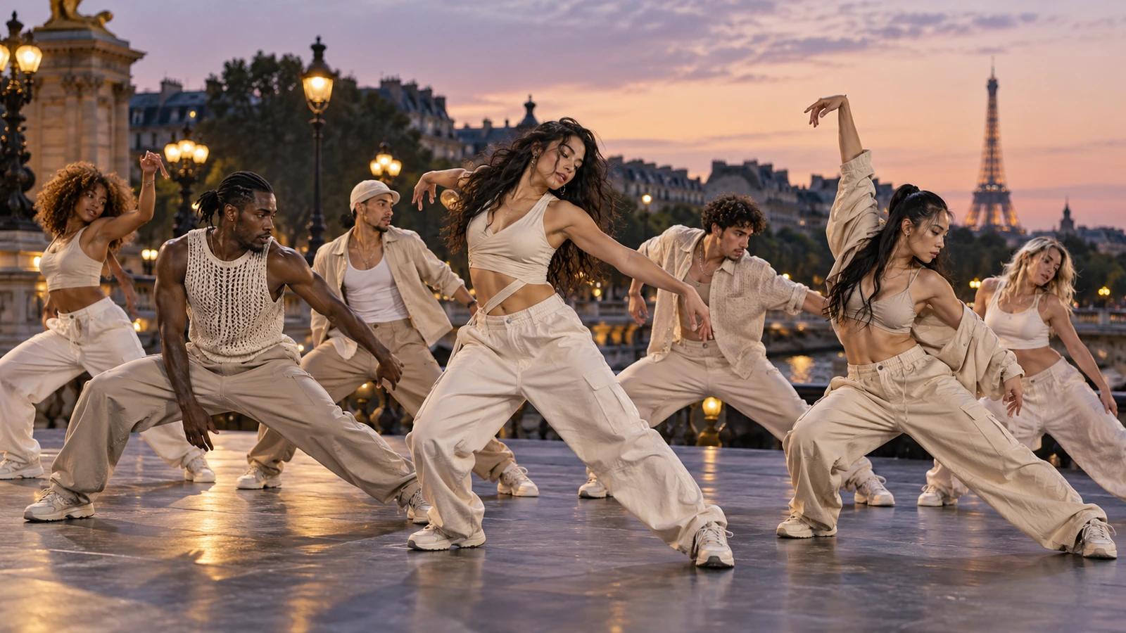 Artistic illustration: fictional dancers in cream outfits on an outdoor stage at sunset, representing the Paris listing