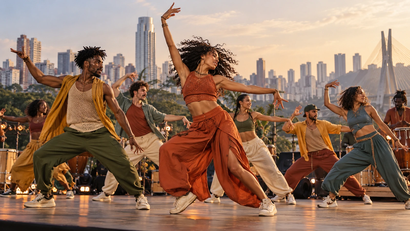 Artistic illustration: fictional dancers in colorful outfits outdoors at golden hour, representing the São Paulo qualifier listing