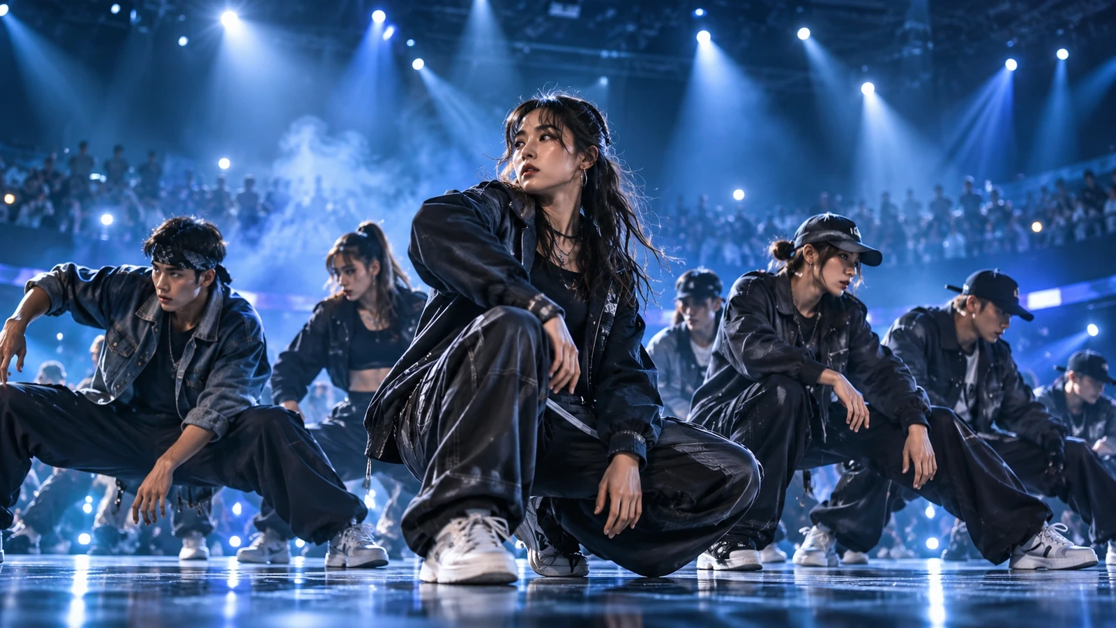 Artistic illustration: fictional dancers in black streetwear on a blue-lit stage, representing the Sendai qualifier listing