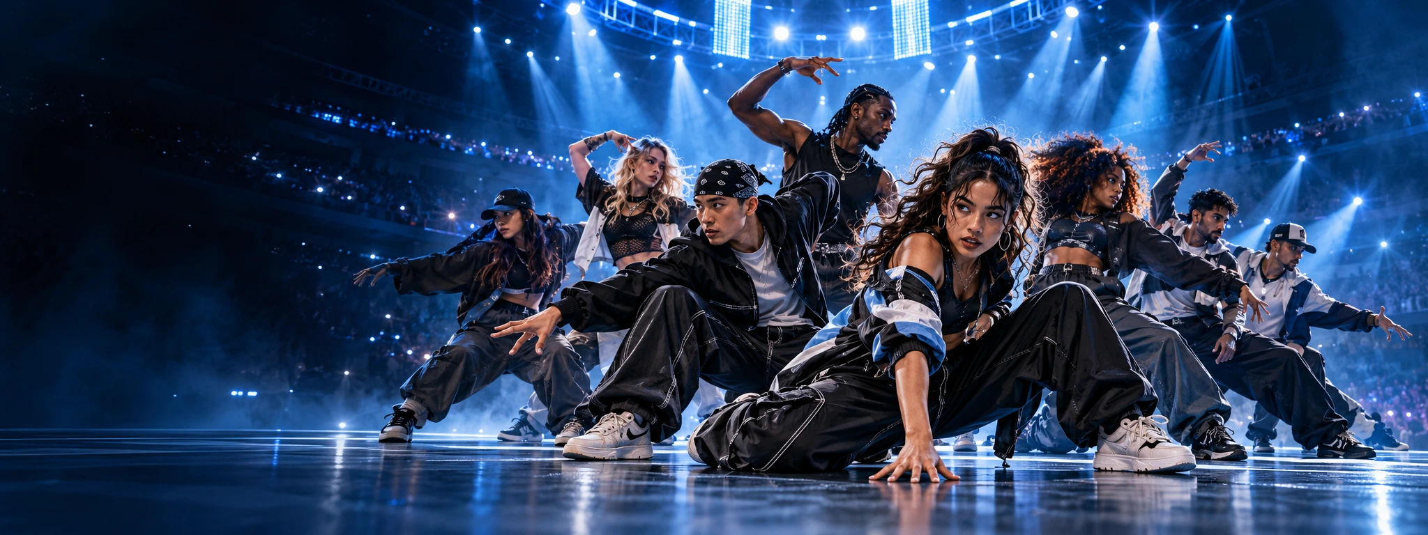 Artistic illustration: a large fictional street dance crew in low hip-hop poses on a blue-lit arena stage