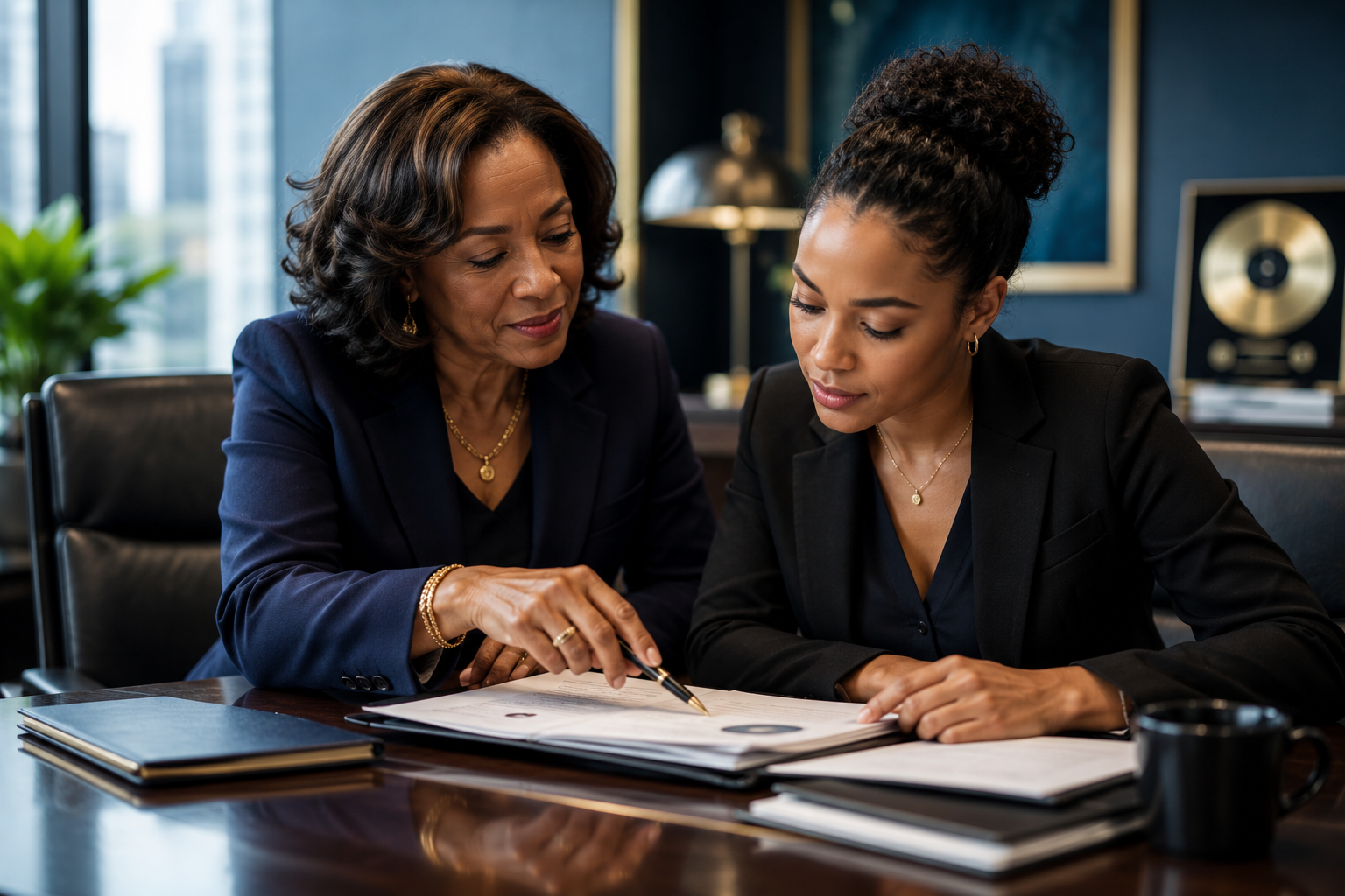 Executive mentor guiding a young woman through documents at an office desk