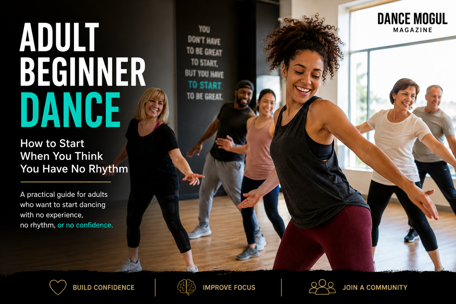 Adult beginner dancers learning movement in a supportive studio with an encouraging instructor Adult beginner dancers learning movement in a supportive studio with an encouraging instructor