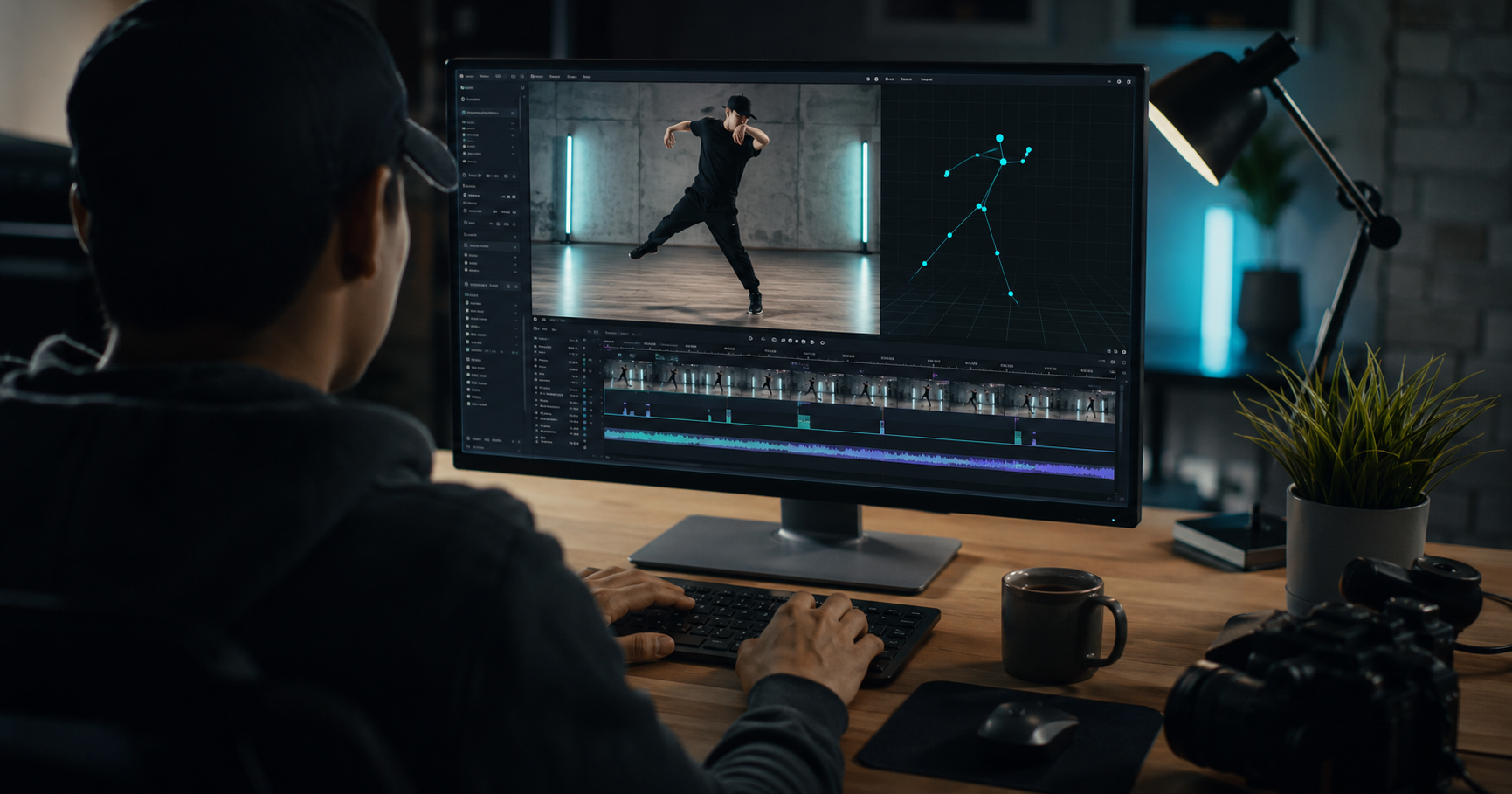 Dance creator reviewing motion tracking and video-editing tools beside rehearsal footage