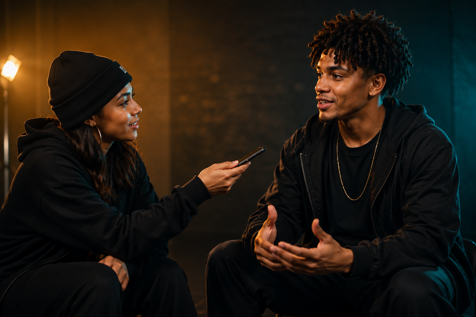 Two dancers in conversation as one interviews the other for Dance Mogul Magazine