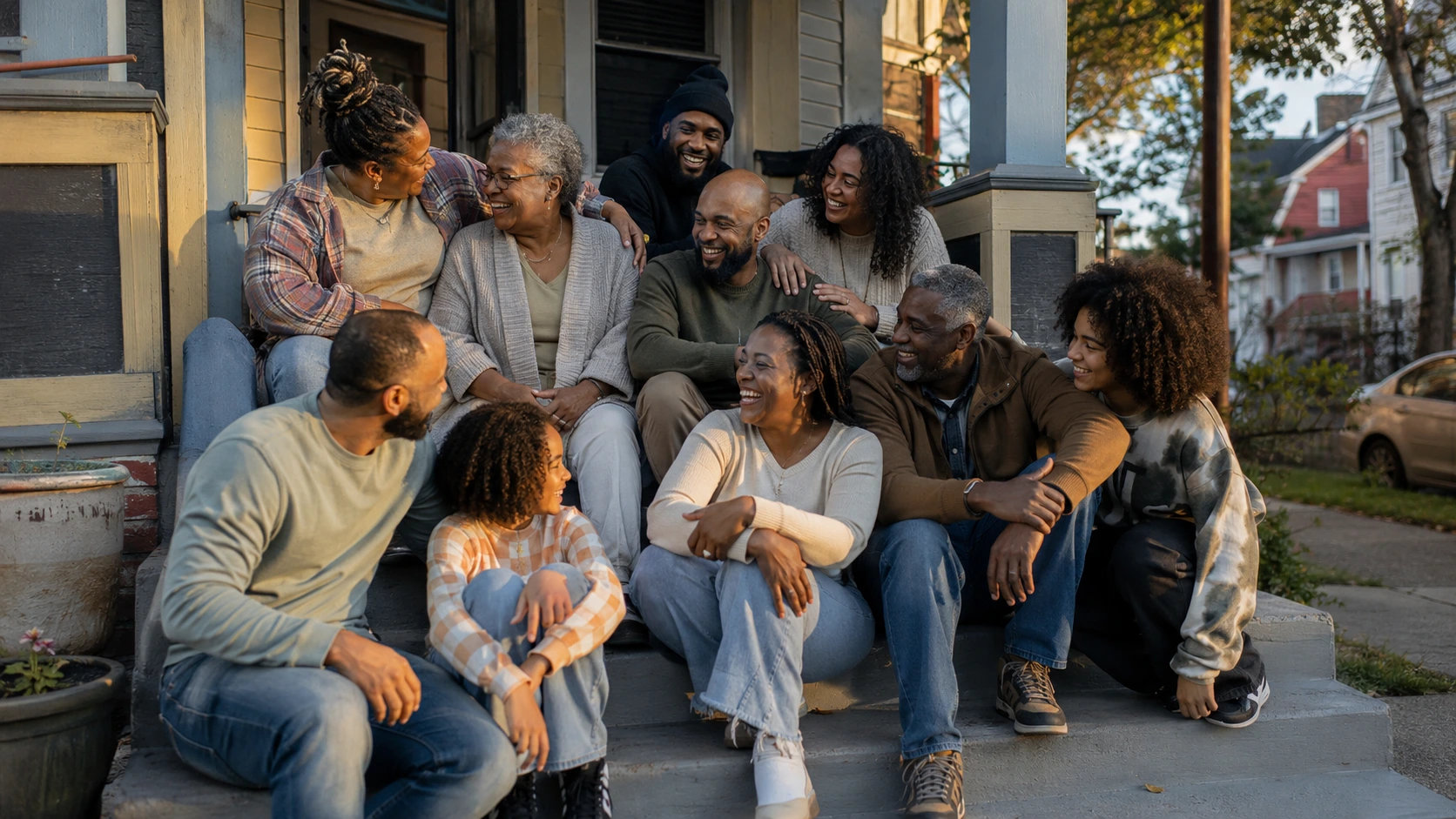 A candid group gathered on wide front steps, arms around shoulders, caught mid-laugh