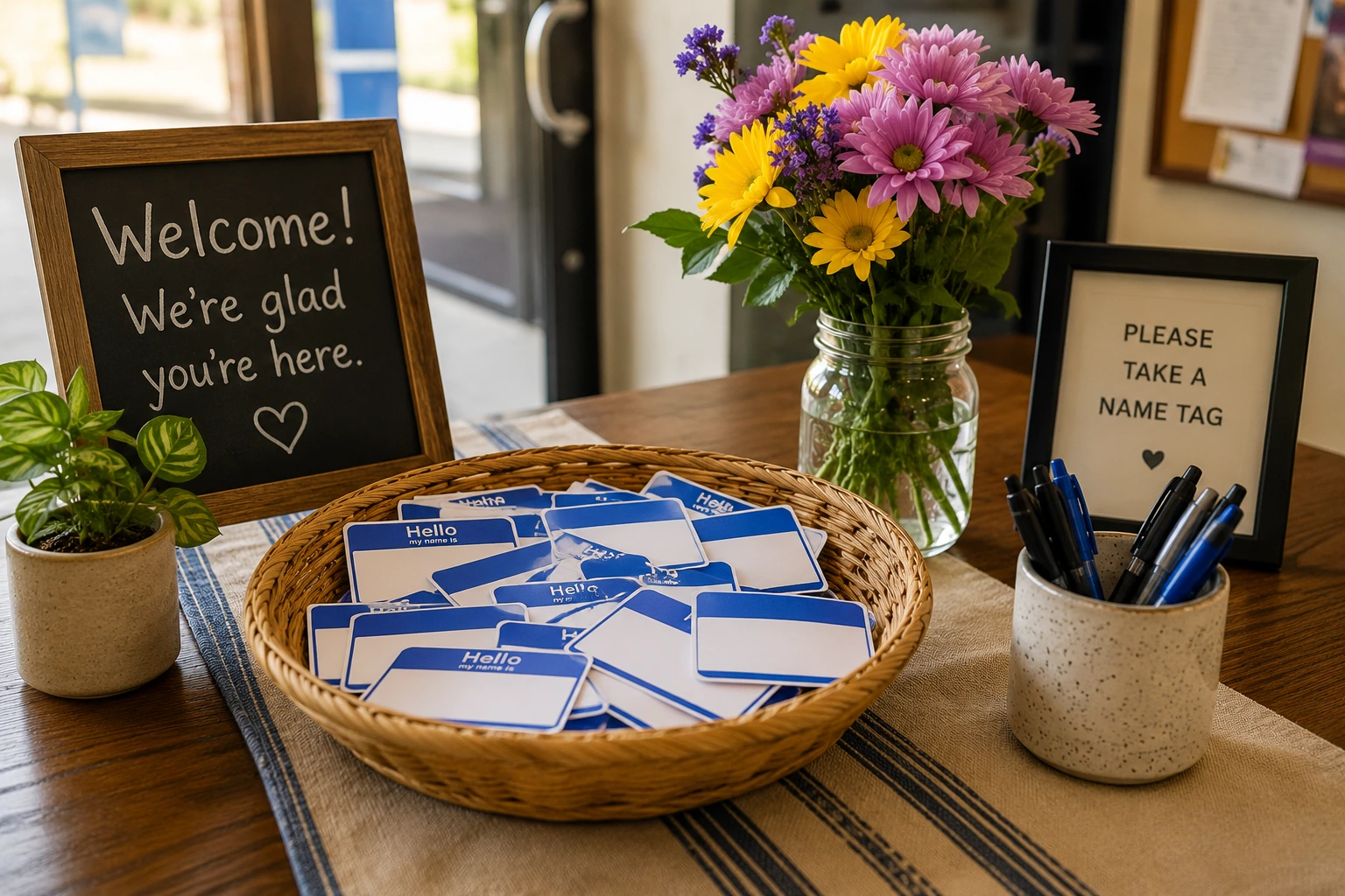 A hand-lettered welcome board and a bowl of blank name tags set out at a doorway