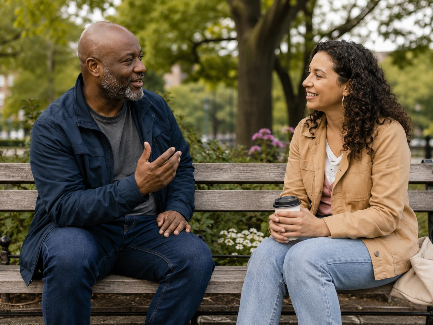 Two people who have clearly just met sharing a park bench and easy conversation