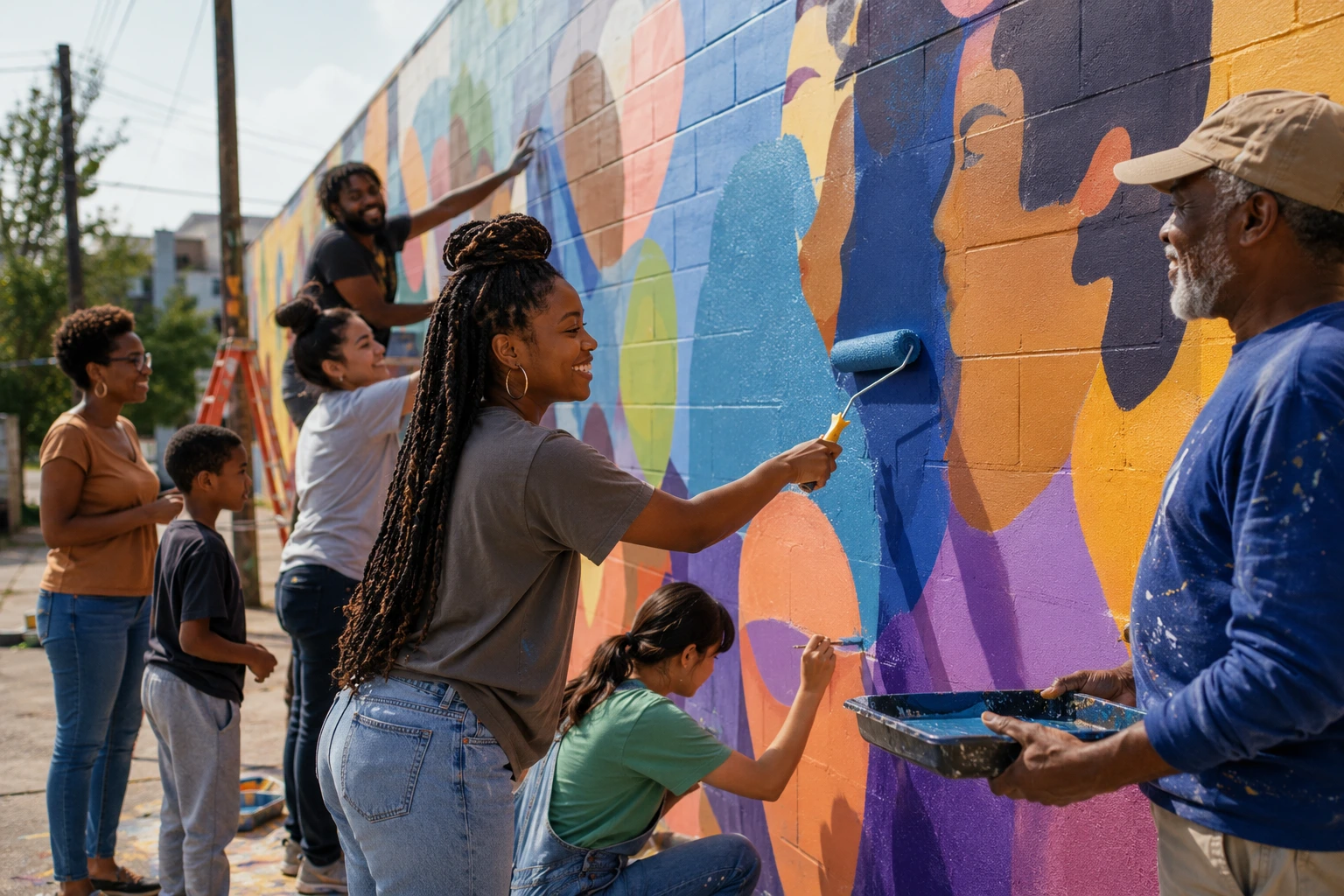Neighbors of different backgrounds painting a community mural together on a wall